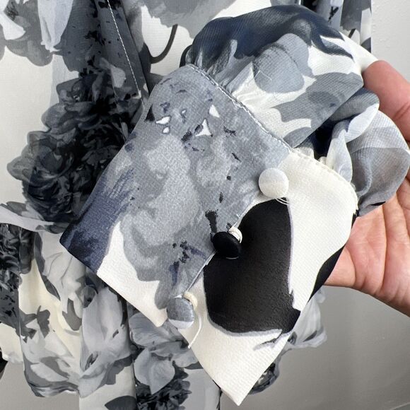 Vince Camuto Blouse Women Extra Small Cream Grey Floral Peplum Long Sleeve - Picture 9 of 14